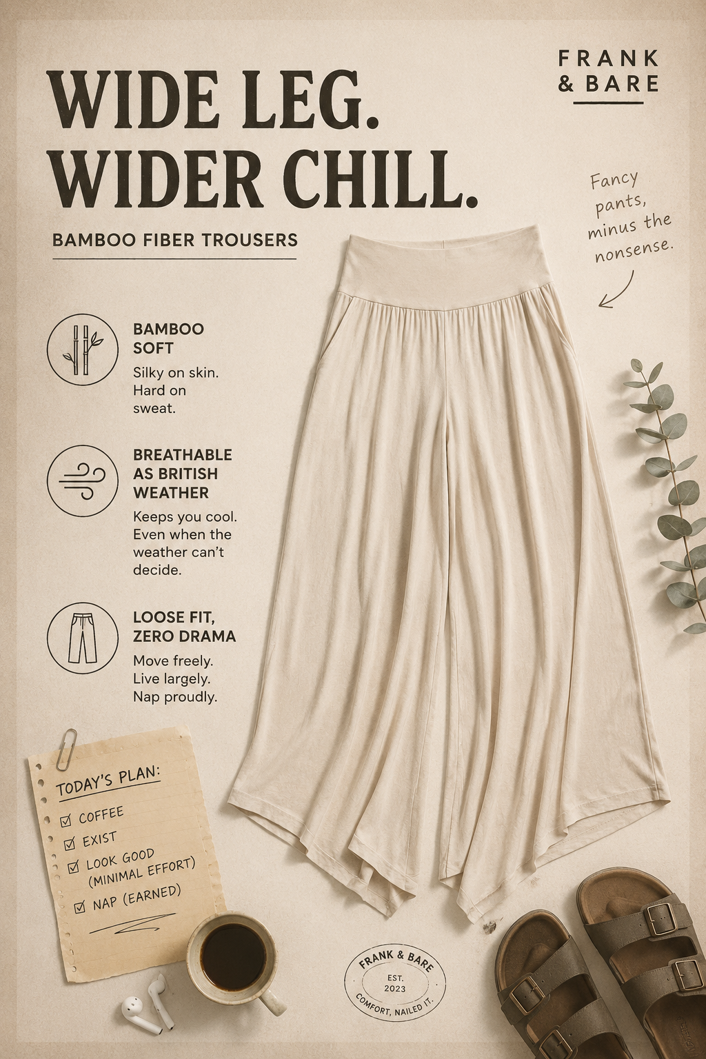 Relaxed Bamboo Fiber Wide Leg Trousers For Everyday Summer Comfort
