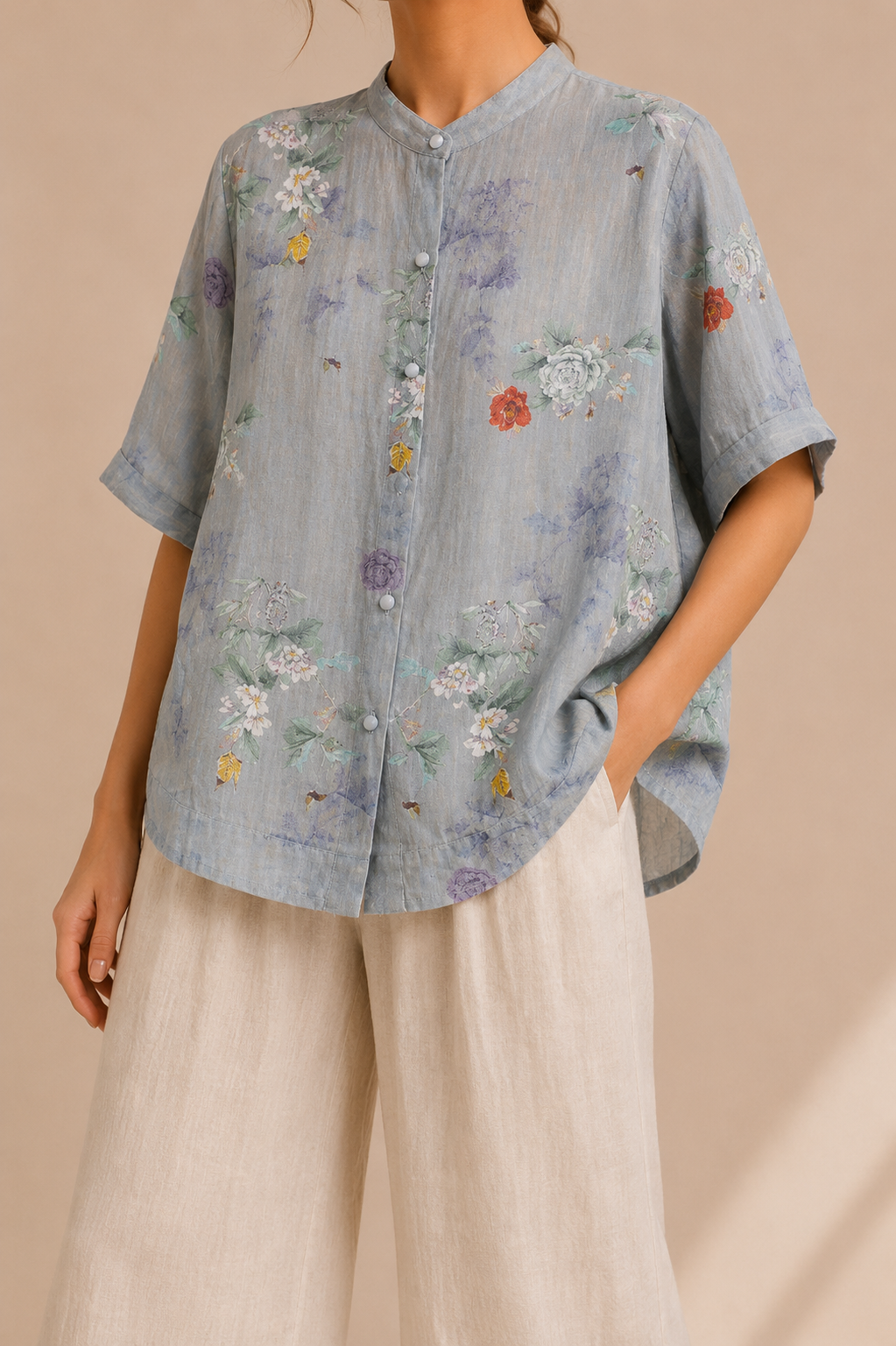 Vintage Printed Cotton Blouse With Relaxed Airy Artisan Charm Style