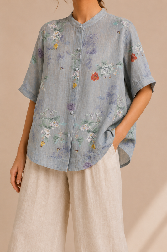 Vintage Printed Cotton Blouse With Relaxed Airy Artisan Charm Style