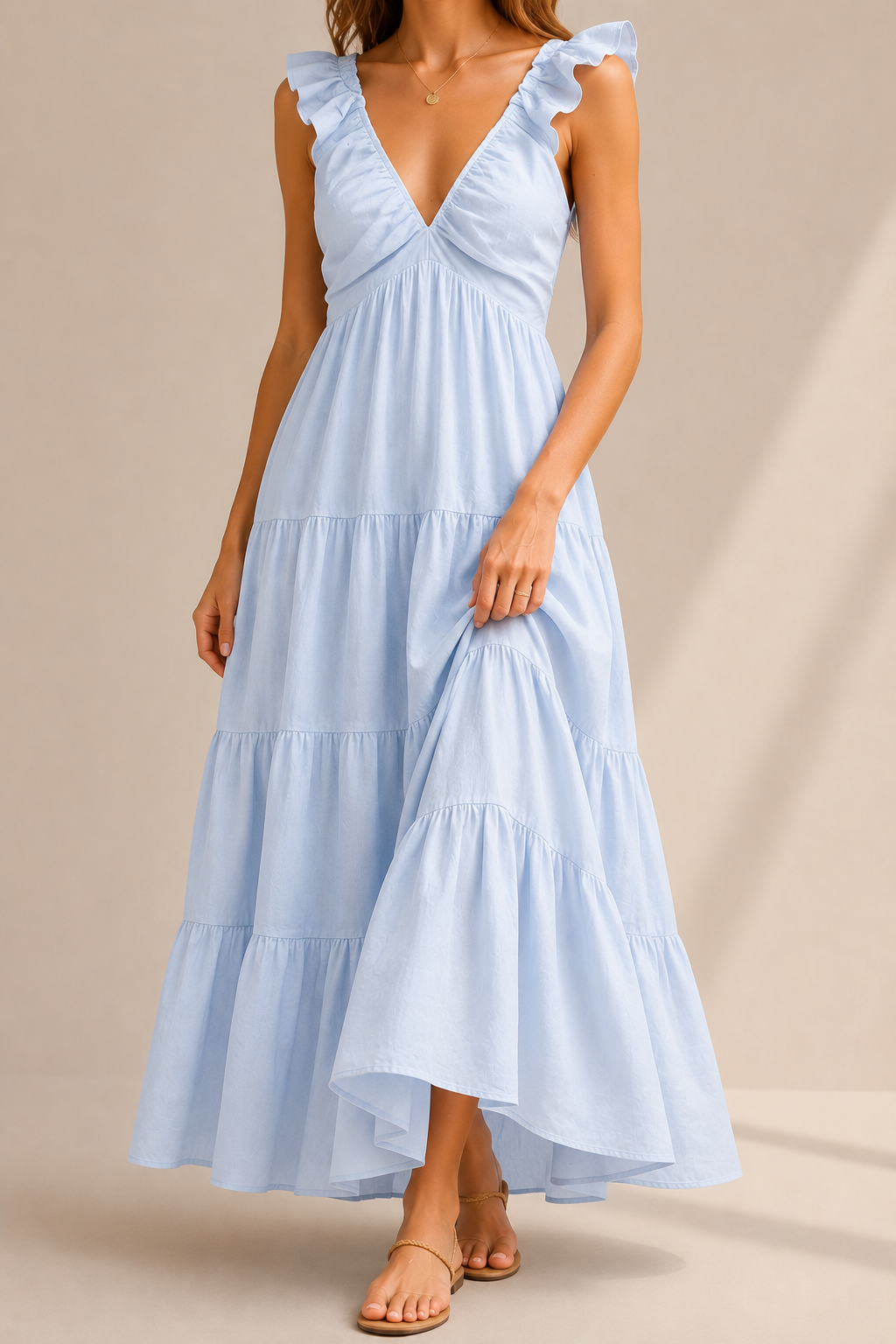 Ruffled Tiered V Neck Dress With Airy Feminine Everyday Graceful Movement