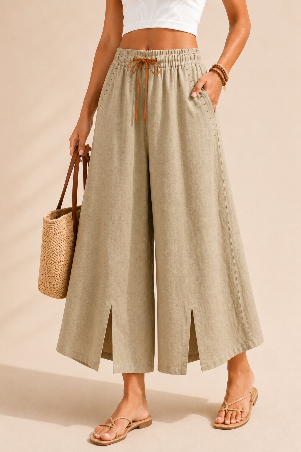 Elastic Waist Versatile Loose Artistic Cotton Linen Wide Leg Pants