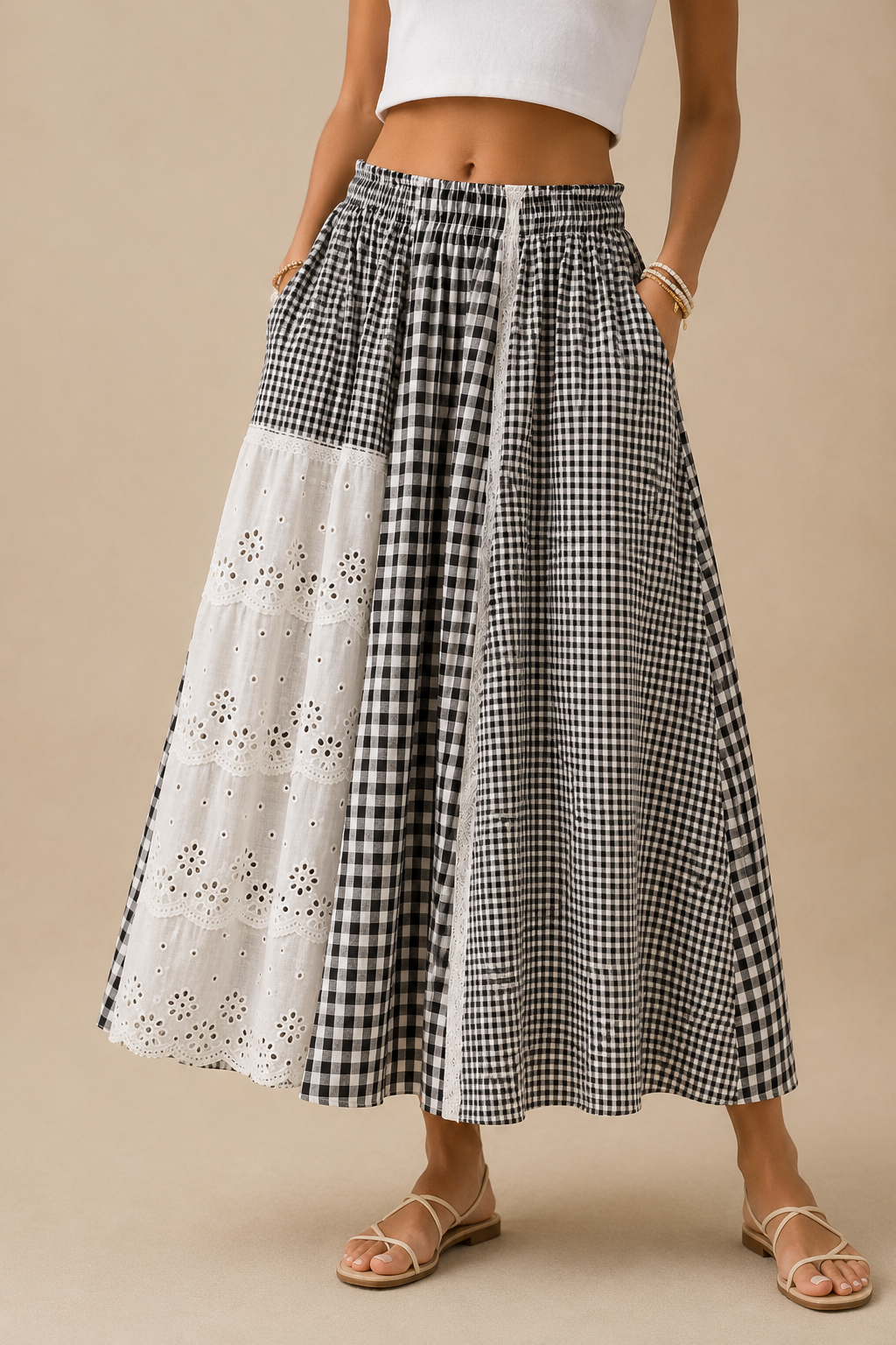 Vintage Gingham Lace Patchwork Maxi Skirt With Relaxed Cottagecore Style