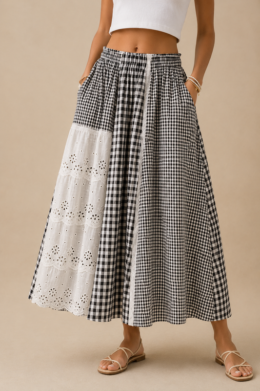 Vintage Gingham Lace Patchwork Maxi Skirt With Relaxed Cottagecore Style