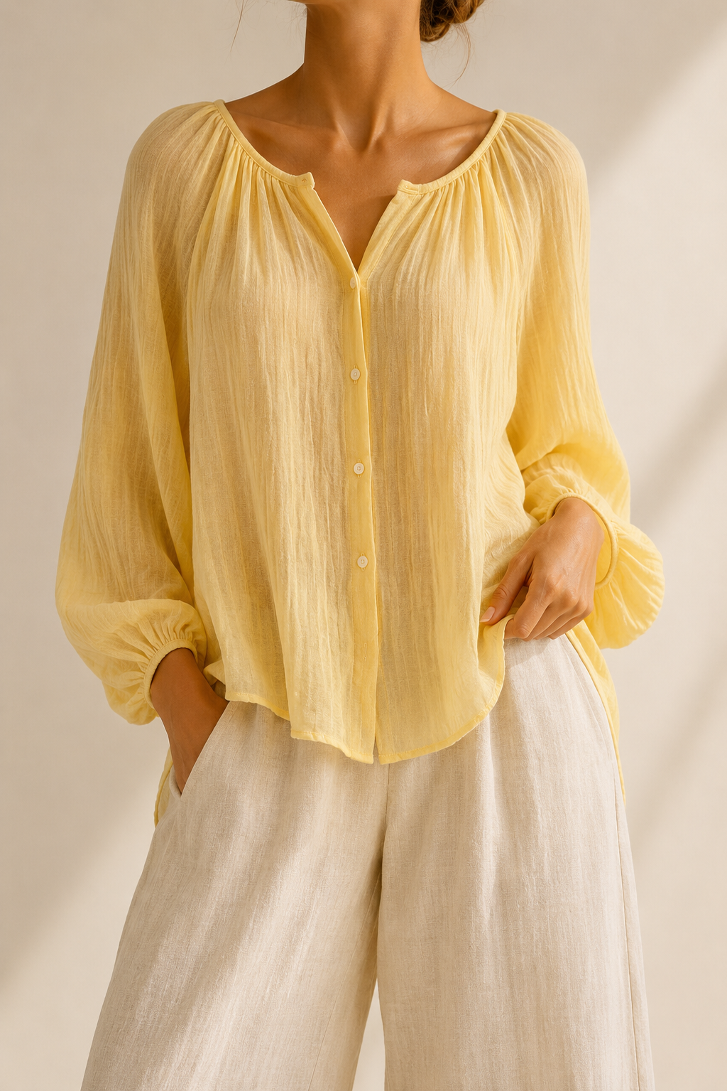 Soft Linen Blend Blouse With Contemporary Airy Everyday Chic Appeal Style