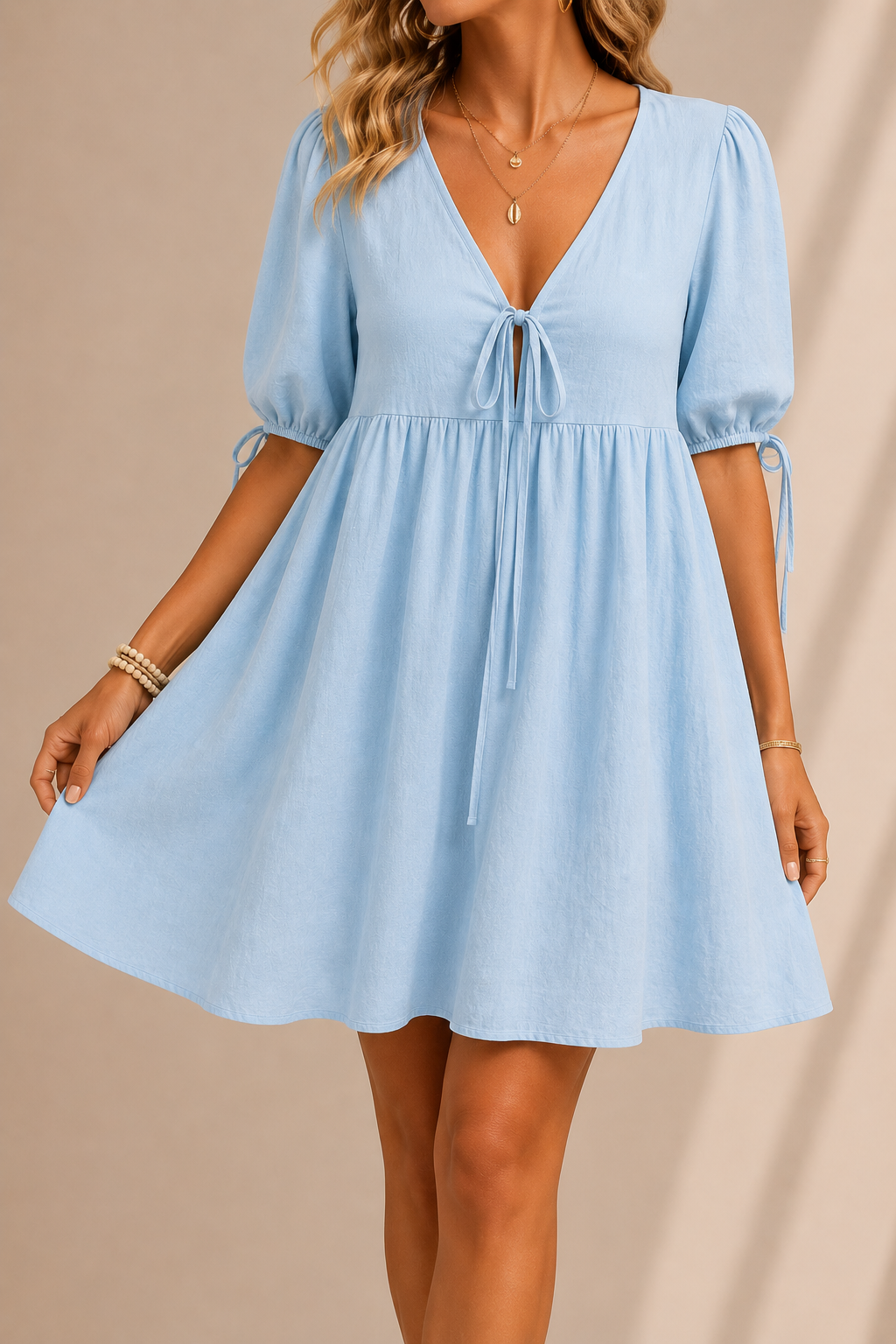 Tie Front Puff Sleeve Mini Dress With Romantic Summer Silhouette Style