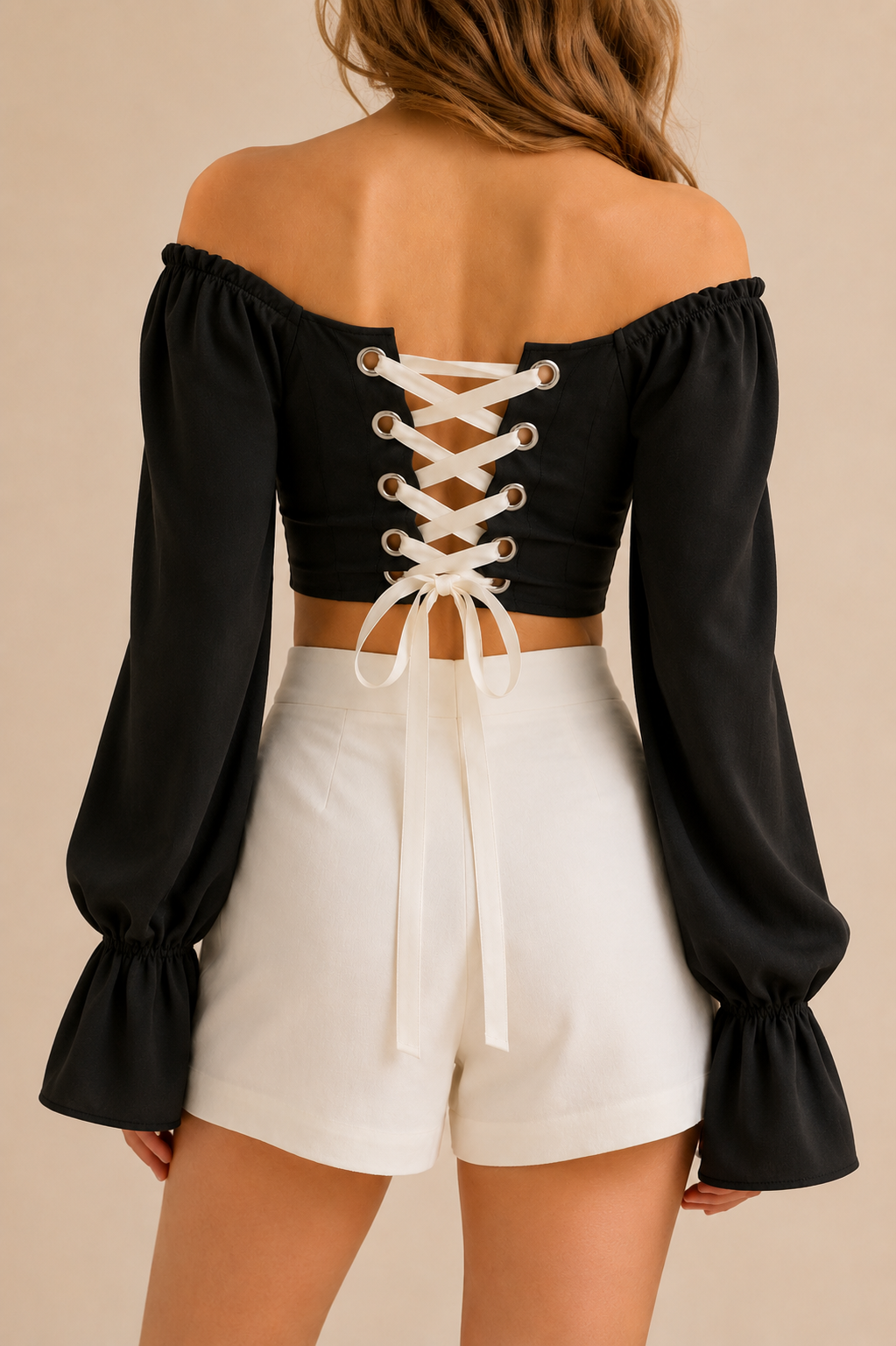 Chic Long Sleeve Cropped Blouse With Elegant Tie Back Detailing