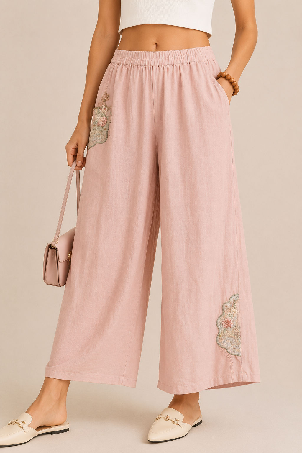 Ethnic Inspired Cropped Trousers With Airy Cotton Linen Texture Style