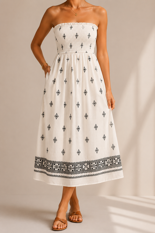 Smocked Tube Midi Dress With Flowing Summer Resort Inspired Elegance Style