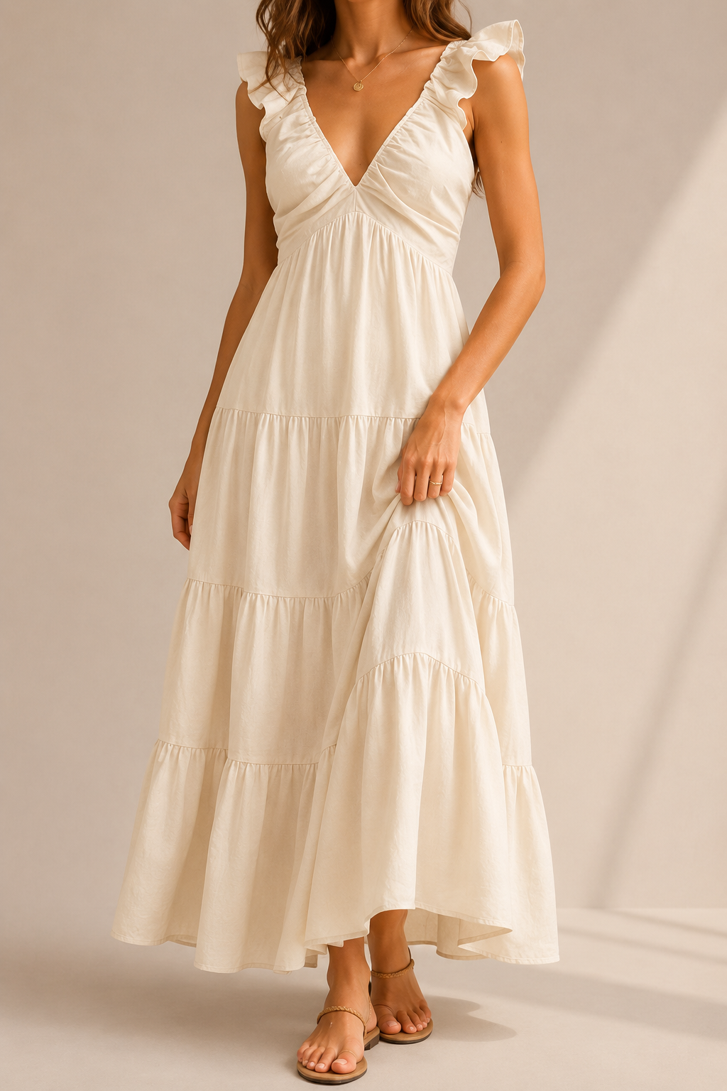 Ruffled Tiered V Neck Dress With Airy Feminine Everyday Graceful Movement