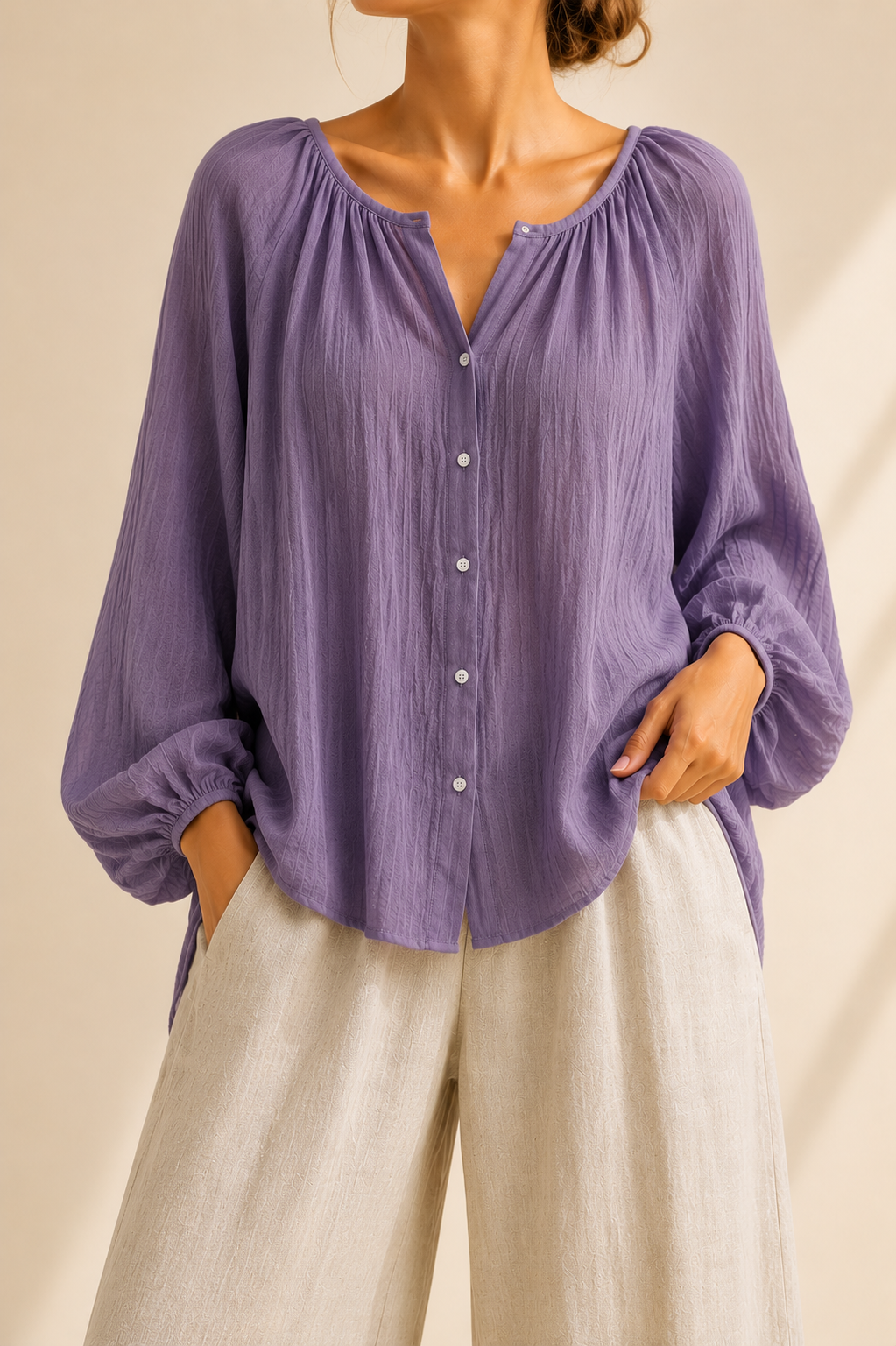 Soft Linen Blend Blouse With Contemporary Airy Everyday Chic Appeal Style