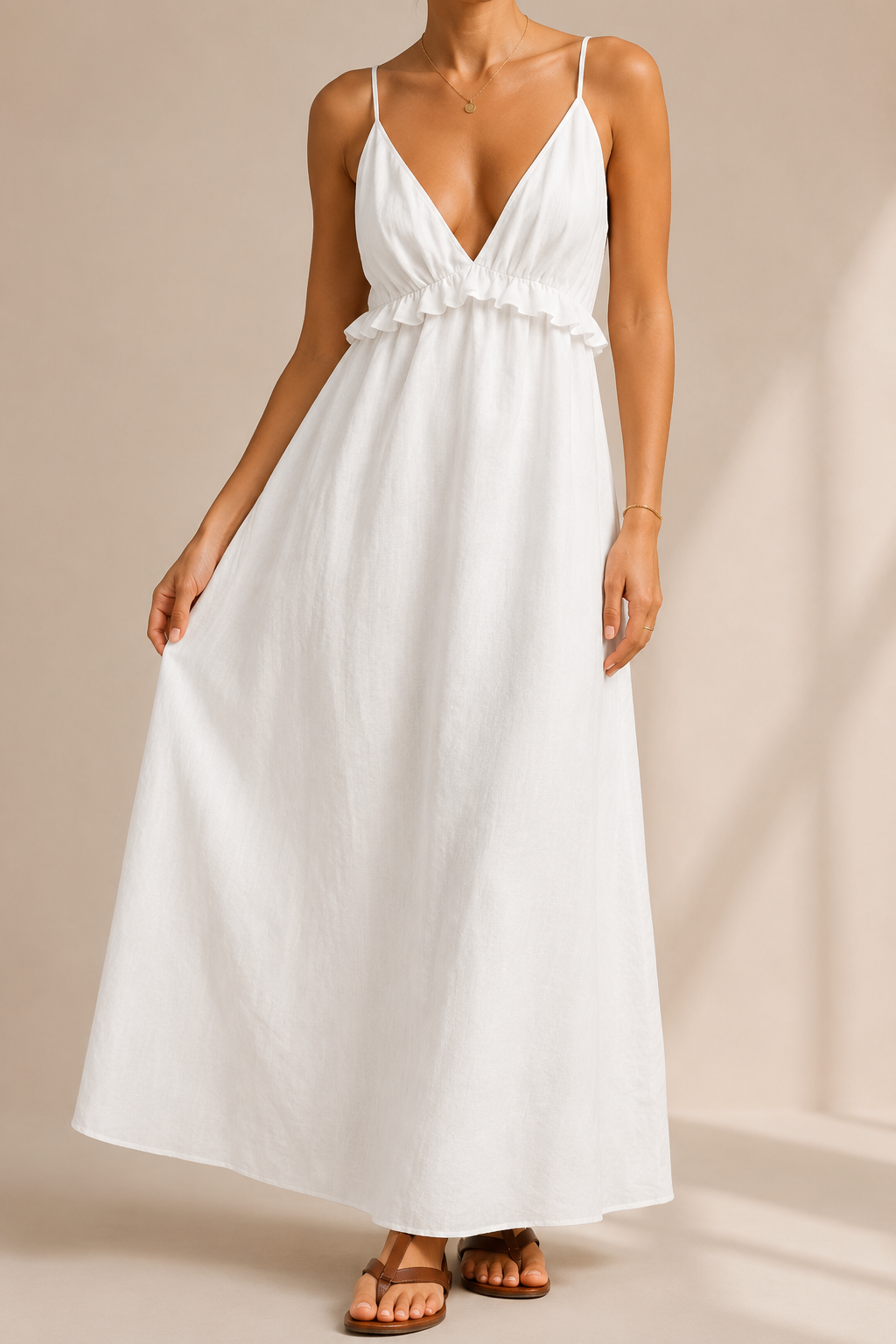 Chic V Neck Maxi Dress With Soft Ruffled Contemporary Feminine Appeal Style