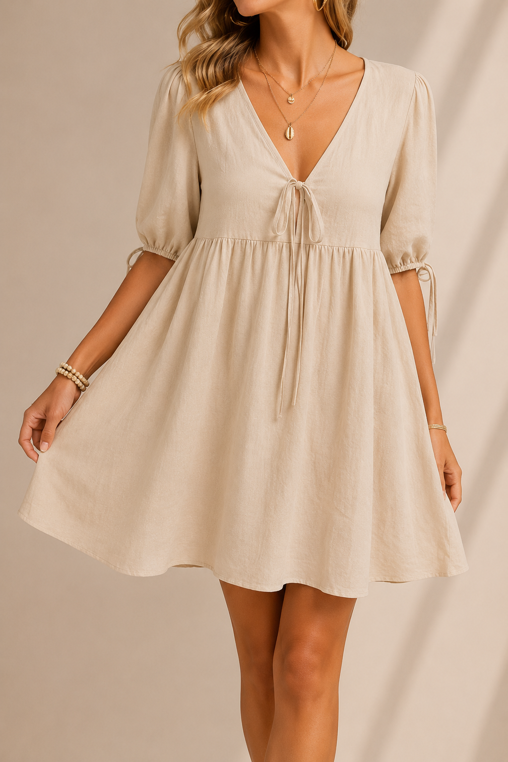 Tie Front Puff Sleeve Mini Dress With Romantic Summer Silhouette Style