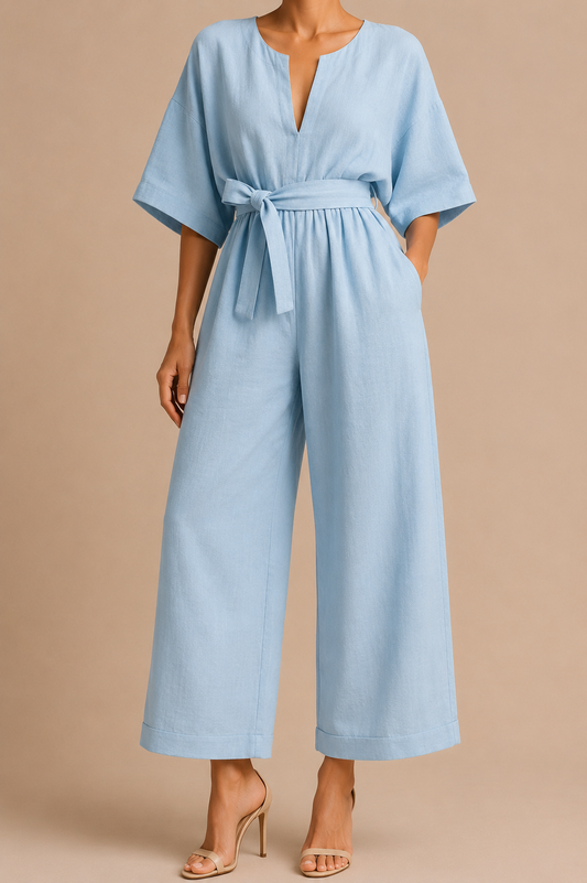 Fashionable V-Neck Solid Color Cotton-Linen Jumpsuit For Women