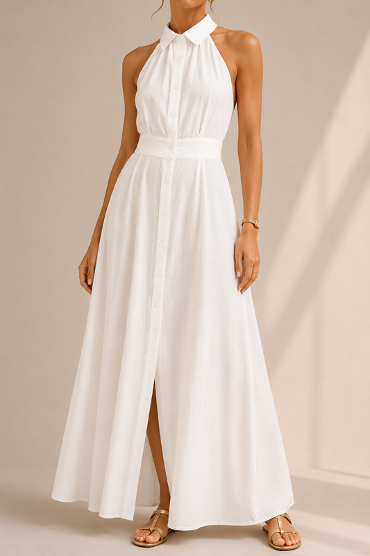 Backless Button Front Maxi Dress With Flowing Coastal Summer Elegance Style